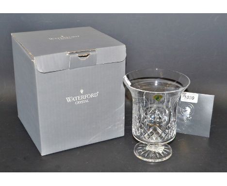A Waterford Crystal cut glass hurricane lamp candle holder, made in Ireland, certificate, boxed