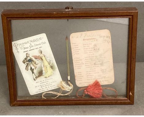 A pair of framed vintage dance cards and pencil 1893 