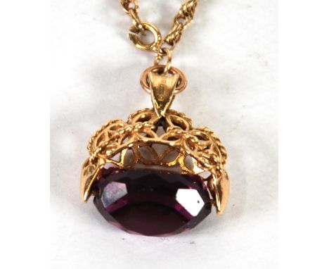 9ct GOLD ROPE PATTERN CHINA NECKLACE 32" long with 9ct gold pendant fob with revolving amethyst, London hallmark 1989, 16.8gm