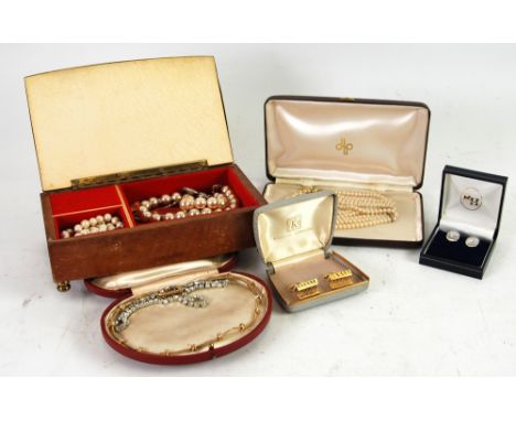 A PAIR OF KIGU GOLD PLATED 'T' BAR CUFFLINKS, in case; a pair of bright metal plain oval clip earrings, in case; a five row i
