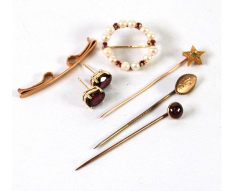 UNMARKED YELLOW METAL TINY EMERALD AND DIAMOND CHIP SET STAR=FORM STICK PIN, another cabochon RUBY SET STICK PIN, another met