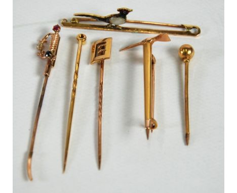 GOLD COLOURED METAL TINY DIAMOND, SAPPHIRE AND RUBY SET STICK PIN in the form of a sword and five other 9ct, 14ct and unmarke