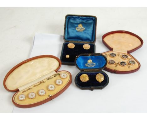 CASED SET OF SIX EARLY 20th CENTURY GOLD COLOURED METAL  AND MOTHER OF PEARL DRESS STUDS; another cased set of six similar DR