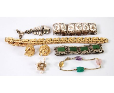 TRIFARI COSTUME GILT METAL NECKLACE and matching earrings, and a foreign .970 silver articulated fish bone PENDANT BROOCH, a 