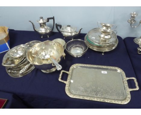 AN ELECTROPLATED FOUR PIECE TEA AND COFFEE SERVICE, an oblong two handled TEA TRAY, an oval ditto, various oval and circular 