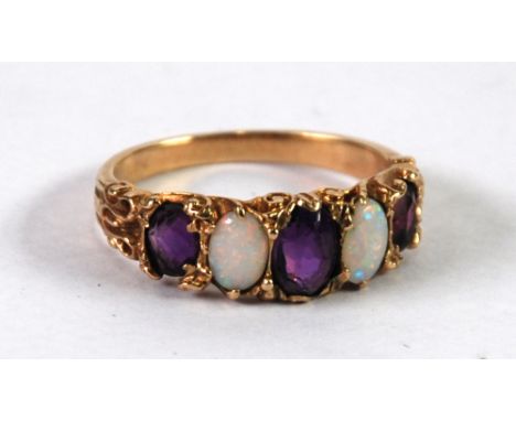 9ct GOLD OPAL AND AMETHYST HALF HOOP RING, with three oval amethyst and two oval opals in a Victorian style carved setting, L