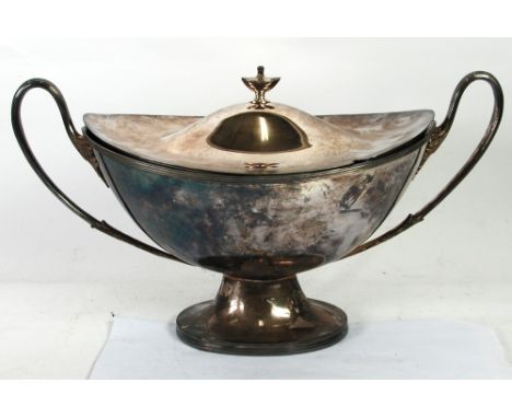 AN ELECTROPLATE LARGE AND ELEGANT TWO HANDLED SOUP TUREEN  and DOMED COVER, the cover with urn finial, the tureen boat shaped