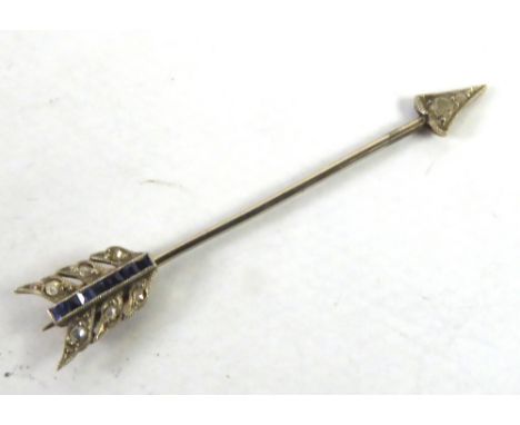 VICTORIAN ARROW PATTERN PIN BROOCH the feather end set with six tiny rose diamonds and six square cut sapphires, the arrow he