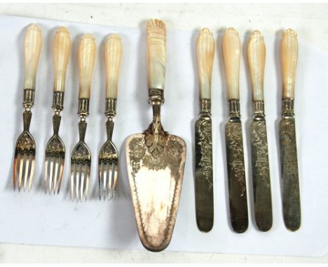 SET OF FOUR ENGRAVED ELECTROPLATE DESSERT  FORKS AND FOUR MATCHING KNIVES with carved mother of pearl handles, and A SIMILAR 