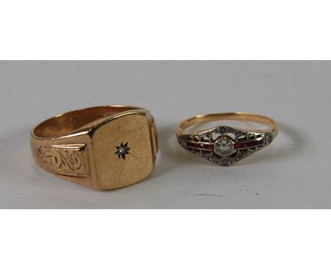 9ct GOLD GENTLEMAN'S SIGNET RING set with a tiny diamond and an unmarked yellow and white metal tiny diamond and calibre ruby