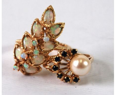 14K GOLD RING SET WITH FOURTEEN SMALL OPALS (one deficient) and another 14K gold single pearl and tiny sapphire set RING, 8 g