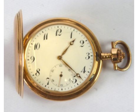 14K GOLD HUNTING CASED POCKET WATCH with keyless movement, white arabic dial with subsidiary seconds dials, the case engine t