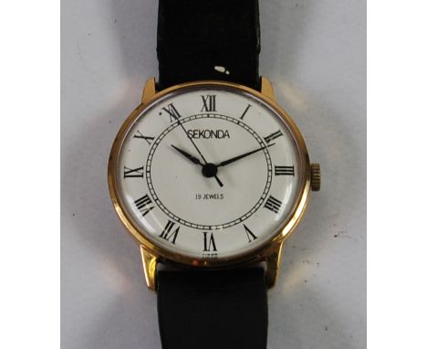 GENTS SEKONDA GOLD PLATED WRIST WATCH, with 19 jewel movement, white Roman dial with sweep seconds hand, leather strap 