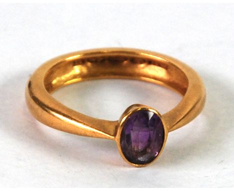 VICTORIAN 22ct GOLD RING, collet set with an oval amethyst, Birmingham, 1894, 5gms 