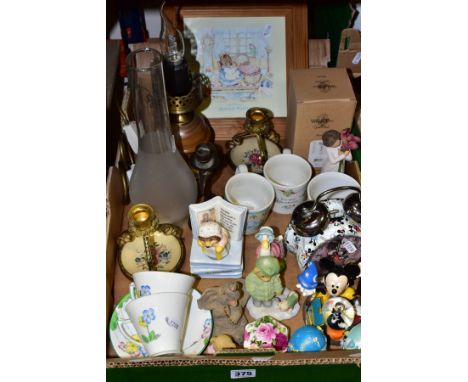 A BOX OF CERAMICS, GLASS AND METALWARES INCLUDING DISNEY AND NURSERY ITEMS, a pair of Heathcote china 1930's cups and saucers