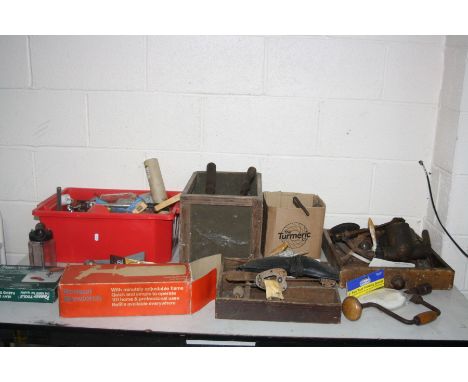 TWO TRAYS AND TWO BOXES CONTAINING AUTOMOTIVE TOOLS including flaring tool, sockets, screwdriver, brace etc