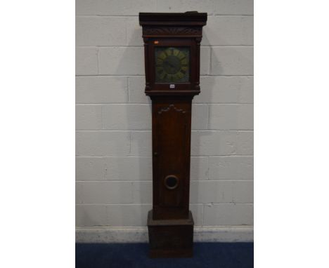A GEORGIAN OAK 30 HOUR LONGCASE CLOCK, plain hood enclosing a brass 9 inch dial, roman numerals, signed Wright Knoll, above a