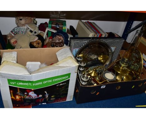 FOUR BOXES AND LOOSE SUNDRY ITEMS, to include a box of metalwares, brass oil lamp base, kettles, ornaments, bellows, etc, pla