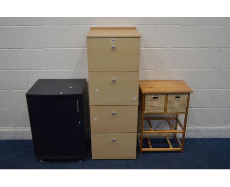 A TALL MODERN BEECH FINISH CHEST OF FOUR LONG DRAWERS, width 45cm x depth 43cm x height 126cm along with a black finish singl