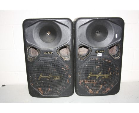 A PAIR OF HZ HE300 PA SPEAKERS with 1x10 INCH and horn, two Speakon Inputs (untested), a pair of maj vintage powered pa speak