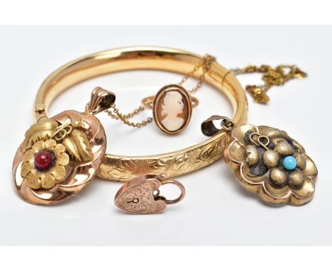 A SELECTION OF JEWELLERY, to include a 9ct gold cameo ring depicting a lady in profile within a collet mount and rope twist s