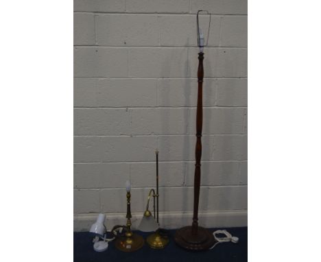 TWO VARIOUS BRASS TABLE LAMPS, one with a frosted glass shade, along with a desk lamp and standard lamp (4)