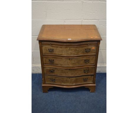 A REPRODUCTION GEORGIAN STYLE BURR WALNUT AND CROSSBANDED SEPENTINE CHEST OF FOUR LONG DRAWER, with a brushing slide, on brac