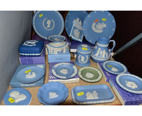 WEDGWOOD JASPERWARES to include light blue plates, water jug, storage jar, pin dishes, dark blue trinket box and lid, white t