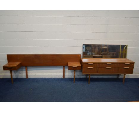 AN AUSTINSUITE TEAK DRESSING TABLE, with a large rectangular mirror, above six drawers, width 151cm x 44cm x height 115cm x h