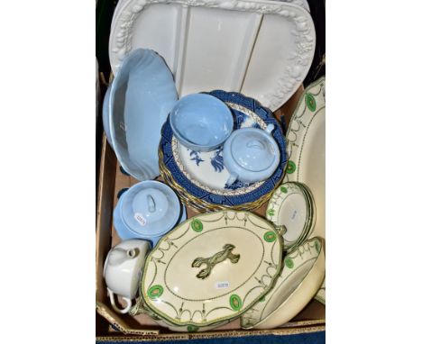 A BOX OF TABLEWARES, etc, to include Royal Doulton 'Countess' tureen, serving platter, three small dishes and soup bowl, seve
