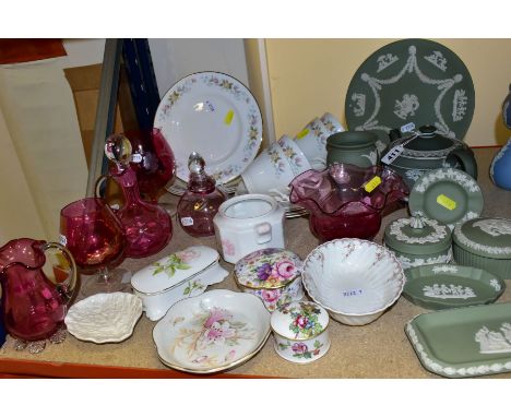 A GROUP OF CERAMICS AND GLASSWARES, to include Wedgwood green jasperwares comprising teapot (slight chip to inner lid and cra