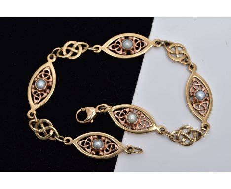 A 9CT GOLD SPLIT PEARL CLOGAU BRACELET, designed with five rose and yellow gold Celtic pattern links each with a collet set s