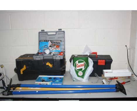 TWO PLASTIC TOOLBOXES and various tools including a partial Hilka soldering kit, a Weller electric plastic cutter,  (all PAT 