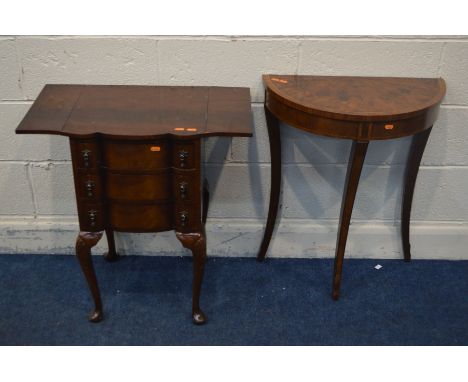 A MAHOGANY DROP LEAF LAMP TABLE, with three drawers, on cabriole legs, along with a yewwood regency style demilune hall table