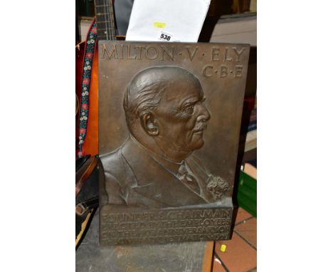 A BRONZE RELIEF PORTRAIT PLAQUE OF MILTON V. ELY C.B.E, presented by his employees on the 50th company anniversary 1953, 51cm