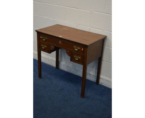 A GEORGIAN OAK AND PARQUETRY STRUNG LOWBOY, with a single long drawer above two short drawers, on square tapering legs, width
