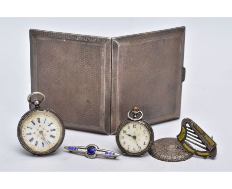 A SILVER CIGARETTE CASE, TWO BROOCHES AND TWO POCKET WATCHES, the cigarette case of an engine turn design, opens to reveal a 