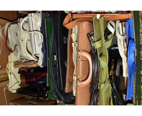 TWO BOXES OF HANDBAGS, ETC, including briefcases, manuscript cases, fabric tote bags, second half 20th Century leather handba