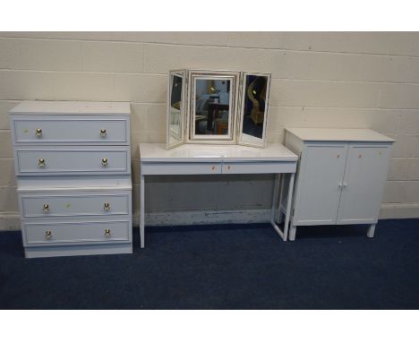 A MODERN WHITE FINISH DRESSING/SIDE TABLE, width 120cm x depth 41cm x height 75cm along with two white chest of two drawers, 