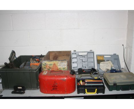 TWO TRAYS CONTAINING HAND AND POWER TOOLS including a Power Devil Electric Stapler, a TM cordless drill (no charger) (both un