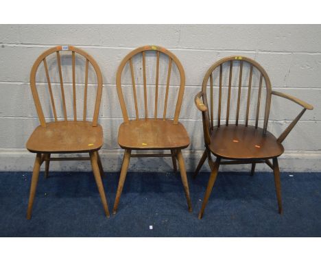 A PAIR OF ERCOL BEECH AND ELM MODEL 400 KITCHEN CHAIRS, along with an Ercol golden dawn kitchen carver chair (3)