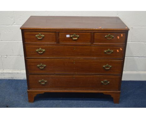 A GEORGIAN MAHOGANY AND BOX STRUNG CHEST OF THREE SHORT OVER THREE LONG DRAWERS, with brass swan neck handle, on bracket feet