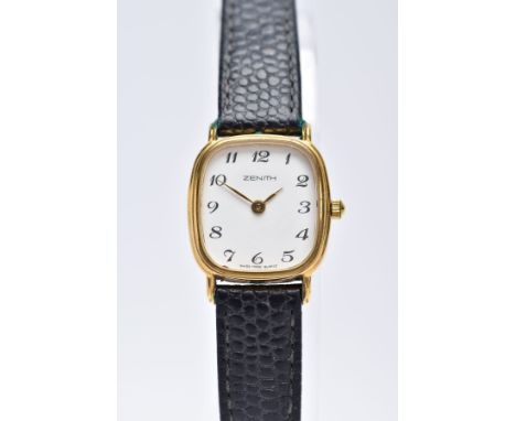 A LADIES GOLD PLATED ZENITH WRISTWATCH, a white rounded square dial signed 'Zenith', Arabic numerals, gold tone hands, within
