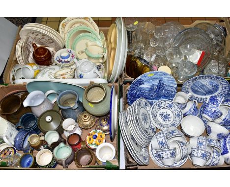 SIX BOXES OF CERAMICS AND GLASSWARE, including Studio Pottery jugs, a Denby jug, Poole Pottery Platter, Johnson Brothers and 