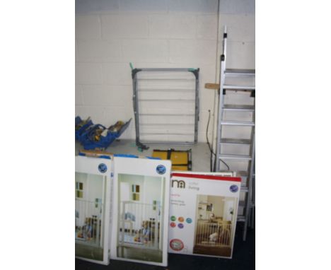 THREE MOTHERCARE BABY GATES, a clothes airer, two sets of Aluminium steps, and a toolbox containing tools including a Bearing