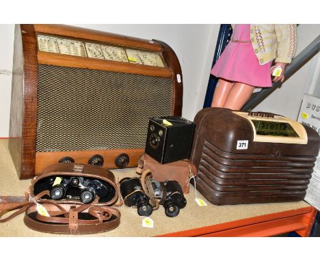 TWO VINTAGE RADIOS, A CAMERA, DOLL AND TWO PAIRS OF BINOCULARS, (ONE CASED), comprising a brown and cream Bush model DAC.10 r