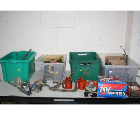 FOUR TRAY CONTAINING AUTOMOTIVE TOOLS including coil spring clamp, torque wrench, bearing puller, etc