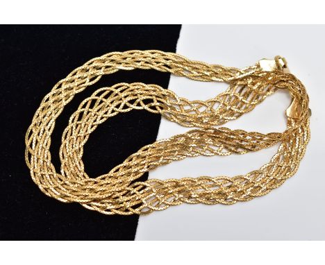 A FLAT YELLOW METAL MESH CHAIN, multi weaving fine chains, fitted with a lobster claw clasp, stamped '750', length 460mm, app