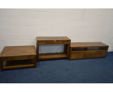 THREE MATCHING HARDWOOD LOUNGE FURNITURE, signed Shack furniture, Australia, comprising a long tv stand with three deep drawe