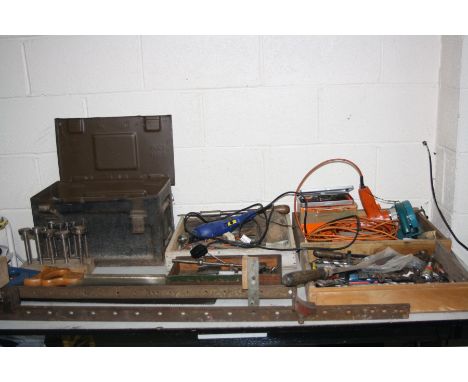 THREE TRAYS AND AN AMMO CASE containing tools including a vintage Black and Decker drill with saw attachment  and a Stapler (